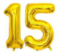 PatiCool Ballon d'anniversaire en forme de chiffre 15 doré, 100 cm - Taille XXL - Ballon géant en aluminium - Décoration d'anniversaire - Ballons à l'hélium en forme de chiffre 15 pour enfants