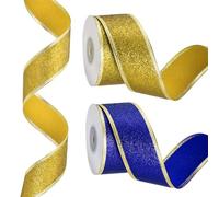 PATIKIL 20 Verges x 1.5" Ruban De Noel, Ruban Cadeau Brillant Metallique Avec Fil Pour Decoration De Fete Anniversaire Mariage, Bleu/Or