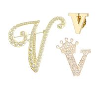PATIKIL 3PCS A-Z Letter Brooch Set, 3 Styles Crown & Pearl Minimalist Initial Rhinestone Lapel Decorative Pin Kit Pour Women Men Suits Clothes Dress Bouquet Coat Collar, Gold, Alphabet V
