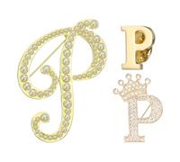 PATIKIL 3PCS A-Z Letter Brooch Set, 3 Styles Crown & Pearl Minimalist Initial Rhinestone Lapel Decorative Pin Kit Pour Women Men Suits Clothes Dress Bouquet Coat Collar, Gold, Alphabet P