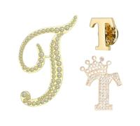 PATIKIL 3PCS A-Z Letter Brooch Set, 3 Styles Crown & Pearl Minimalist Initial Rhinestone Lapel Decorative Pin Kit Pour Women Men Suits Clothes Dress Bouquet Coat Collar, Gold, Alphabet t