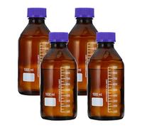 PATIKIL 4 Paquet Media Stockage Bouteilles, 1000ml Borosilicate Verre Gradué Rond Bouteilles avec GL45 Bleu Vis Bouchon pour Laboratoire Eau Réactif Liquides, Marron