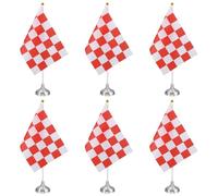 PATIKIL 6Pack Drapeau De Table À Damier Rouge Et Blanc, 12" Petit Ensemble De Drapeaux De Course De Voiture Pour Bureau Avec Bâton En Plastique Blanc Et Base Ronde Argentée Pour Décoration
