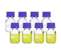 PATIKIL 8 Paquet Réactif Médias Stockage Bouteilles, 50 ml Borosilicate Verre Diplômé Rond Bouteilles avec GL32 Bleu Vis Bouchon pour Labo Eau Réactif Liquides, Clair
