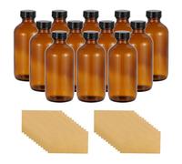 PATIKIL 8oz(240ml) Flacons Échantillons En Verre, 12Pcs Flacons Ronds Avec Bouchon Noir En Polyèdre, 24Pcs Étiquettes Pour Liquides Réactifs, Huiles Essentielles, Parfum, Ambre