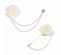 PATIKIL Broche de revers fleur rose pour hommes, kit de 2 broches en tissu solide avec feuille dorée, boutonnière avec chaîne en satin, badge pour costume de mariage, blanc/beige