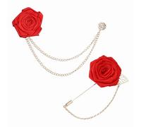 PATIKIL Broche de revers fleur rose pour hommes, kit de 2 styles en tissu solide avec broche rose à feuille dorée, boutonnière à chaîne satinée et badge pour costume de mariage, rouge