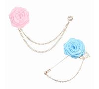 PATIKIL Broche fleur rose pour hommes, Kit de 2 styles - Broche en tissu solide rose avec feuille dorée, boutonnière à chaîne satinée, badge pour costume, smoking, rose/bleu