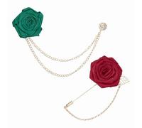 PATIKIL Brochet à fleur de rose pour hommes, kit de 2 broches en tissu solide avec feuille dorée et chaîne à franges, badge en satin pour costume de mariage, Vert foncé/Rouge bordeaux