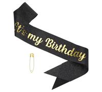 PATIKIL Écharpe d'anniversaire "C'est mon anniversaire", écharpe d'anniversaire pailletée Fantasy avec épingle de sûreté pour femmes, kit de décoration reine, accessoires, noir et or