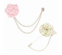 PATIKIL Épingle de revers à fleur rose pour hommes, kit de 2 épingles en tissu rose avec feuille dorée, boutonnière à chaîne en satin, badge pour costume de mariage, rose/beige