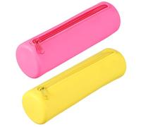 PATIKIL Étui À Stylo en Silicone, 2 Pcs Pochette Ronde Petite pour Crayons avec Fermeture Éclair Étanche Esthétique Sac De Rangement Souple pour Cosmétiques Fournitures, Jaune/Rose Foncé