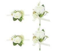 PATIKIL Kit de 2pcs Corsage Poignet et Boutonnières Tissu, Bracelet Fleur Mariage Rose Artificielle Attache à la Main pour Demoiselle Mariée Femme, Épingle Decoration Fête Noël, Blanc