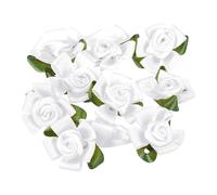 PATIKIL Mini Roses en Ruban Satiné, 30 pcs de Petites Fleurs en Tissu avec des Feuilles Vertes pour Projets d'Artisanat, Embellissements, Appliques, Blanc