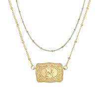 PATIKIL Pendentif En Forme De Boucle De Ceinture Estampée, 1 Set Collier Western Initial Avec Chaine Perles Bijoux Western Pour Femmes Hommes, Lettre N(Or)