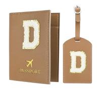 PATIKIL Pochette Passeport avec Étiquettes à Bagage, Modèle Lettre D Protège Passeport en Cuir PU pour Protection Identificateur Accessoires de Voyage Valise Cartes D'embarquement, Brun
