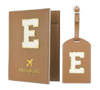 PATIKIL Pochette Passeport avec Étiquettes à Bagage, Modèle Lettre E Protège Passeport en Cuir PU pour Protection Identificateur Accessoires de Voyage Valise Cartes D'embarquement, Brun