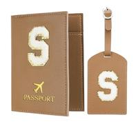 PATIKIL Pochette Passeport avec Étiquettes à Bagage, Modèle Lettre S Protège Passeport en Cuir PU pour Protection Identificateur Accessoires de Voyage Valise Cartes D'embarquement, Brun