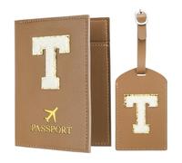 PATIKIL Pochette Passeport avec Étiquettes à Bagage, Modèle Lettre T Protège Passeport en Cuir PU pour Protection Identificateur Accessoires de Voyage Valise Cartes D'embarquement, Brun