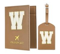 PATIKIL Pochette Passeport avec Étiquettes à Bagage, Modèle Lettre W Protège Passeport en Cuir PU pour Protection Identificateur Accessoires de Voyage Valise Cartes D'embarquement, Brun