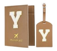 PATIKIL Pochette Passeport avec Étiquettes à Bagage, Modèle Lettre Y Protège Passeport en Cuir PU pour Protection Identificateur Accessoires de Voyage Valise Cartes D'embarquement, Brun