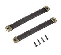 PATIKIL Poignées de tiroir en cuir 7" avec plaque de fer, 2 pcs poignées malle bande cuir boutons armoire quincaillerie remplacement avec vis 18mm pour commode porte valise, Marron