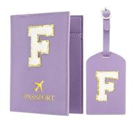 PATIKIL Porte-Passeport pour Travel, Housse de Passeport Initiale et Set d'Étiquette de Bagage avec Lettre Chenille en Patch Portefeuille de Voyage pour Women Family Travel Purple F