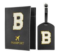 PATIKIL Porte-Passeport pour Travel, Housse de Passeport Initiale et Set d'Etiquette de Bagage avec Lettre Chenille en Patch Alphabet Portefeuille de Voyage Sac Valise Black B