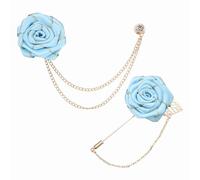 PATIKIL Rose Flower Lapel Pin For Men, 2 Style Cloth Rose Brooch Kit Gold Leaf Boutonnieres Stick Brooch Tassel Chain Satin Badge Suit Pin For Men Wedding Suit, Lake Blue/Light Blue