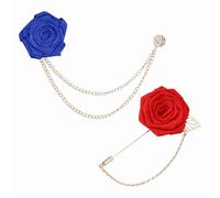 PATIKIL Rose Flower Lapel Pin For Men, 2 Style Solid Cloth Rose Brooch Kit Gold Leaf Boutonnieres Stick Brooch Tassel Chain Satin Badge Suit Pin For Men Wedding Suit, Blue/Red