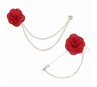 PATIKIL Rose Flower Lapel Pin Pour Men, 2 Style Cloth Camellia Brooch Kit Gold Leaf Boutonnieres Stick Brooch Tassel Chain Satin Badge Suit Pin Pour Men Wedding Suit, Red