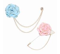 PATIKIL Rose Flower Lapel Pin Pour Men, 2 Style Cloth Rose Brooch Kit Gold Leaf Boutonnieres Stick Brooch Tassel Chain Satin Badge Suit Pin Pour Men Wedding Suit, Blue/Pink