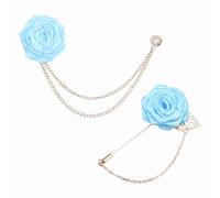 PATIKIL Rose Flower Lapel Pin Pour Men, 2 Style Solid Cloth Rose Brooch Kit Gold Leaf Boutonnieres Stick Brooch Tassel Chain Satin Badge Suit Pin Pour Men Wedding Suit, Light Blue