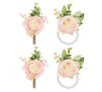 PATIKIL Rose Wrist Corsage Et Boutonnieres Set, 4 Pcs Fleurs De Mariage Bracelet Main Accessoires pour Hommes Femmes Bachelor Party Prom Homecoming, Rose Clair
