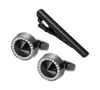 PATIKIL Set Boutons Manchette Et Barre Cravate En Cristal, Boutons Manchette Homme En Strass Ronds Et Barrette Cravate Avec Boîte Homme Père Mari, Ton Argenté(Noir)