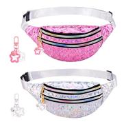 patinadrift Lot de 2 sacs bananes pour enfants et filles - Multicolore - Paillettes - Sac banane étanche - Avec porte-clés étoile - Pour festival, tenue de plein air, sport, Rose/argenté, 30 x 13 x