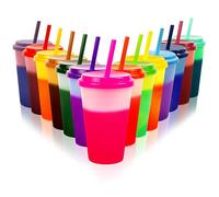 Patinao Lot de 14 gobelets avec paille et couvercle - 350 ml - Gobelets à changement de couleur réutilisables en plastique pour enfants - Tasse de voyage, tumbler, café glacé, boisson froide,