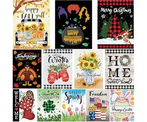 Pating Lot de 12 drapeaux de jardin saisonniers double face de 30,5 x 45,7 cm, petits drapeaux de jardin pour l'extérieur, automne, hiver, Halloween, Noël, extérieur, vacances, jardin, pour toutes les