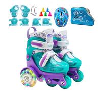 Patins à roulettes pour - 4 Roues réglables 27 - 34 avec Flash - Set de Protection genouillères Coudes Casque et Obstacles - Idéal pour Les débutants 3 à 8 Ans