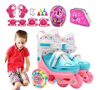 Patins à roulettes pour - 4 Roues réglables 27 - 34 avec Flash - Set de Protection genouillères Coudes Casque et Obstacles - Idéal pour Les débutants 3 à 8 Ans