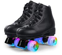 Patins à roulettes pour Femmes et Hommes, Roller Chaussure Classiques à Double Rangée avec Roues Éclairées par LED, Rollers Quad Hauts en Cuir PU pour Débutants Adolescents Adultes (45,Del Noire)