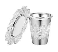 PATKAW Coupe de Kiddouch Métallique Argentée 150 Ml Soucoupe Sculptée Ensemble 2 Pièces Bénédiction du Shabbat Pâque en Famille