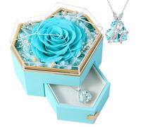 PatNlevs Rose Eternelle avec Collier en Forme de Cœur et Boîte à Bijoux, Cadeau Saint Valentin Femme, Coffret Cadeau Saint Valentin Femme Anniversaire Fete des Mere Maman (Bleu clair)