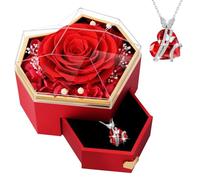 PatNlevs Rose Eternelle avec Collier en Forme de Cœur et Boîte à Bijoux, Cadeau Saint Valentin Femme, Coffret Cadeau Saint Valentin Femme Anniversaire Fete des Mere Maman (Rouge)