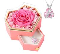 PatNlevs Rose Eternelle avec Collier en Forme de Cœur et Boîte à Bijoux, Cadeau Saint Valentin Femme, Coffret Cadeau Saint Valentin Femme Anniversaire Fete des Mere Maman (Rose)