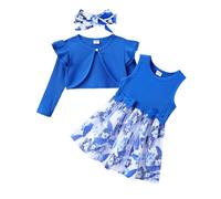PatPat Robe Fille 3PCS avec Cardigan et Bandeau - Ensemble de Robe Fleurie Tulle pour Enfants, Idéal pour Noël, Anniversaire, Fête, Automne-Hiver, Bleu 3-4 Ans, Taille 98-104cm