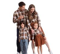 PATPAT Tenue de famille assortie, robes pour maman et moi, ensemble assorti, robe en tulle à manches longues, chemise boutonnée à carreaux de buffle, kaki, 4-5 ans