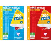 Patq-11751amzc Lot De 2 Paquets De Copies Perforées : 300 Pages Feuillets Mobiles + 300 Pages Copies Doubles - A4 21x29,7 Cm - Grands Carreaux - Papier Blanc 90 G