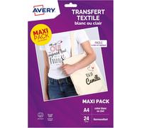 Patq-Avery Transferts Personnalisables Pour Textiles Blancs Ou Clairs - 24 Feuilles A4 - Impression Jet D`Encre