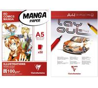 Patq-Bloc Encoll¿¿ Papier Layout - 70 Feuilles Papier Blanc Uni Extra Lisse A4 75g & Bloc Encoll¿¿ Papier Manga Et Illustration - 50 Feuilles Papier Dessin Blanc Extra Lisse A5 14,8x21 Cm 100g